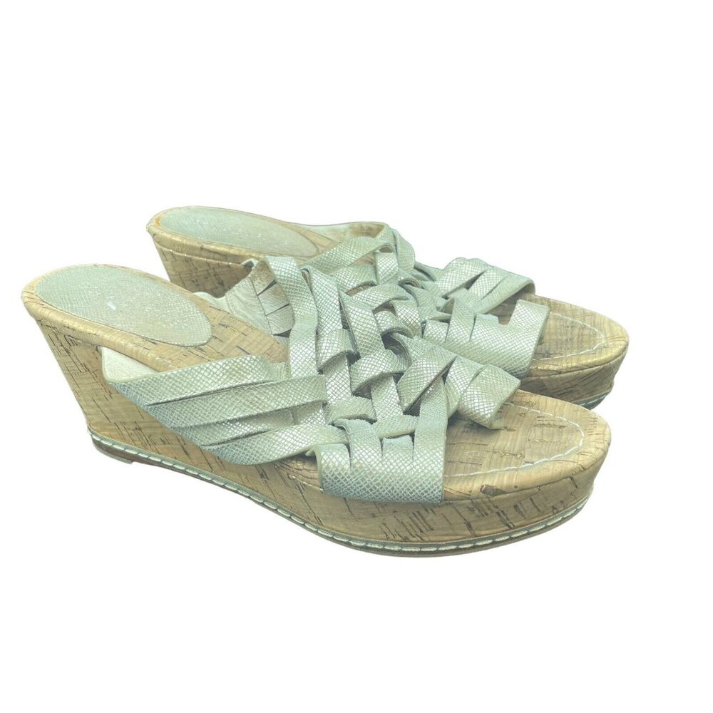 Donald Pliner Flore Cork Wedge Womens 7.5 M Neutral Leather Weave Slip On Mules
